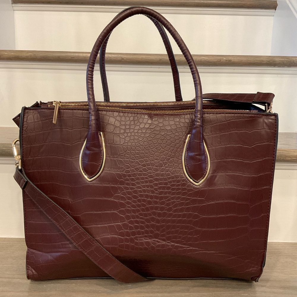 H&M Maroon and Gold Crocodile-Embossed Handbag